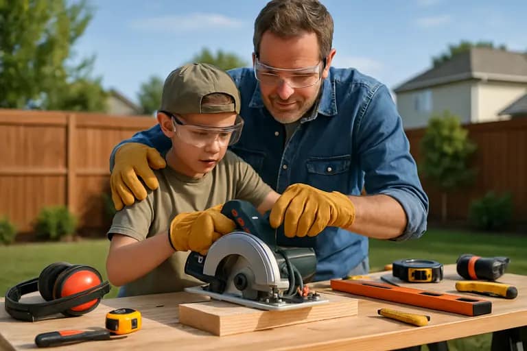 Safety glasses, gloves, and cordless tools arranged before a home repair