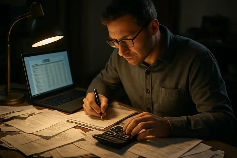 Calendar, calculator, and renovation samples arranged on a kitchen table