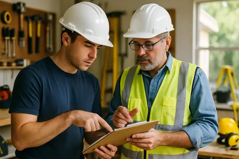 Safety glasses, drill, checklist, and contractor card on a bench
