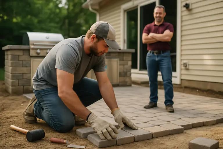 Contractor inspecting utility connections near an outdoor kitchen frame