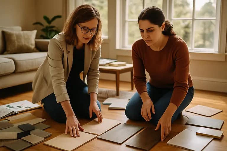 Homeowner comparing remodel estimates with flooring samples nearby