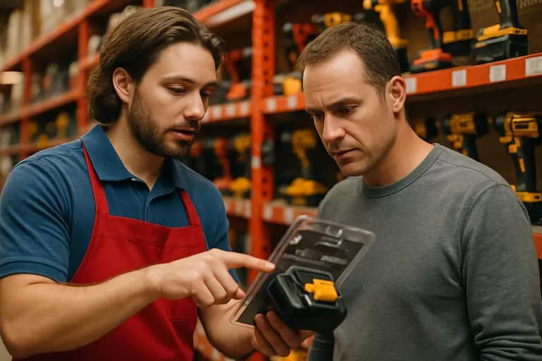 Shopper comparing cordless tool batteries and chargers on a shelf