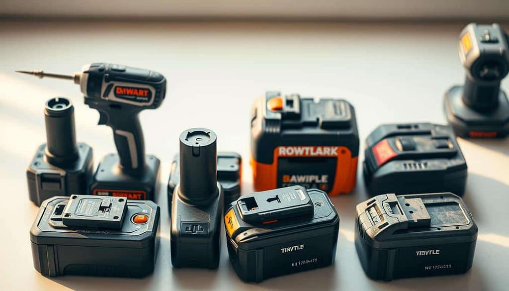 A high-angle view showcasing an array of contemporary and vintage power tool batteries side-by-side. The new batteries, sleek and compact, are set against the bulkier, time-worn designs of their predecessors. Warm, natural lighting illuminates the scene, emphasizing the contrasting textures and technological advancements. The foreground features the batteries in sharp focus, while the background blurs into a clean, minimalist workspace, drawing the viewer's attention to the central comparison. The image conveys a sense of progress and innovation in power tool technology, highlighting the key benefits of the latest battery releases.