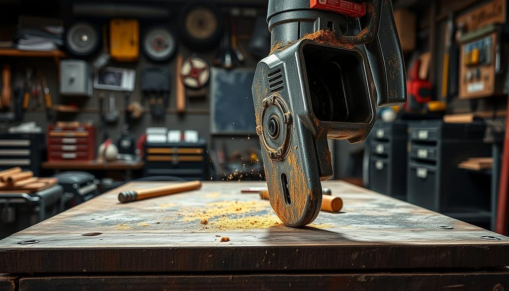 A rugged workshop scene with a pro-grade power tool undergoing rigorous durability testing. Close-up view of the tool's metal casing, textured with knocks and scuffs, as it is repeatedly dropped, battered, and exposed to the elements on a sturdy workbench. Dramatic lighting casts dramatic shadows, emphasizing the tool's resilient build quality. The background is filled with scattered tools, toolboxes, and equipment, conveying an industrial, hardworking atmosphere. The overall mood is one of tough, no-nonsense functionality - this tool is built to withstand the demands of the jobsite.