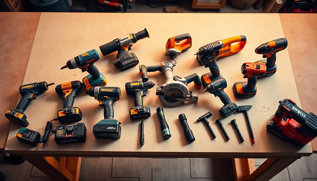 A well-lit, high-angle shot of a workshop table showcasing an assortment of power tools, including cordless drills, circular saws, and impact drivers. The tools are neatly arranged, each with its own distinctive design and color scheme. The background is a clean, neutral workspace with a slight blurred effect, drawing the viewer's attention to the tools. Warm, directional lighting casts dynamic shadows, emphasizing the textural details and materials of the tools. The overall composition conveys a sense of professional evaluation, inviting the viewer to closely inspect and compare the capabilities of these must-have power tools.