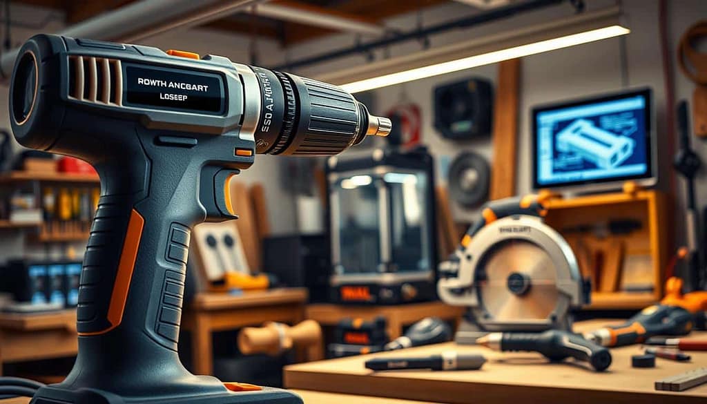 A well-lit, high-tech workshop filled with the latest power tools featuring a variety of smart features. In the foreground, a cordless power drill with an ergonomic grip, integrated pressure sensors, and a digital display showing battery life and torque settings. In the middle ground, a circular saw with a laser guide and automatic blade depth adjustment. In the background, a 3D printer and a tablet displaying CAD software, highlighting the integration of digital technology. The lighting is a combination of natural light and warm, focused task lighting, creating a clean, modern atmosphere. The overall scene conveys a sense of innovation and the seamless integration of smart capabilities into contemporary power tools.