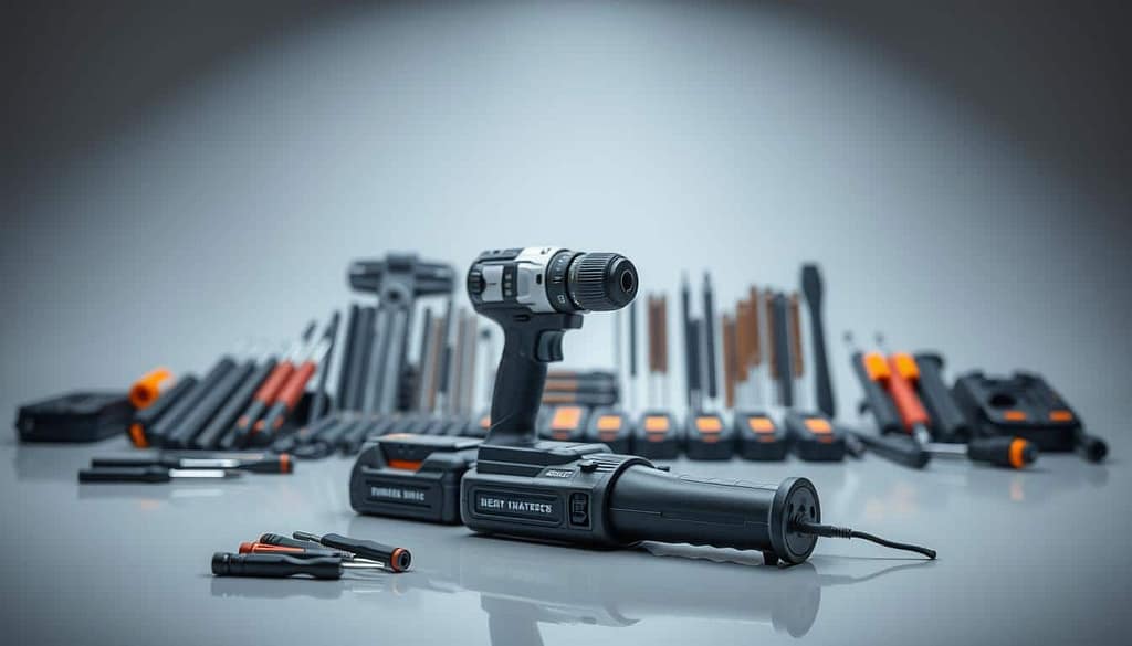 A well-lit studio setting with a meticulously arranged display of cordless drill tools and accessories. In the foreground, a sleek and modern cordless drill rests on a smooth, reflective surface, its design and features showcased in crisp detail. The middle ground features an array of related tools, such as screwdriver bits, drill bits, and additional battery packs, all neatly organized and presented for examination. The background is softly blurred, allowing the focus to remain on the tools, creating a sense of professional, technical assessment. The lighting is balanced, with subtle shadows and highlights accentuating the textures and materials of the equipment. An atmosphere of precision, performance, and technical evaluation permeates the scene.