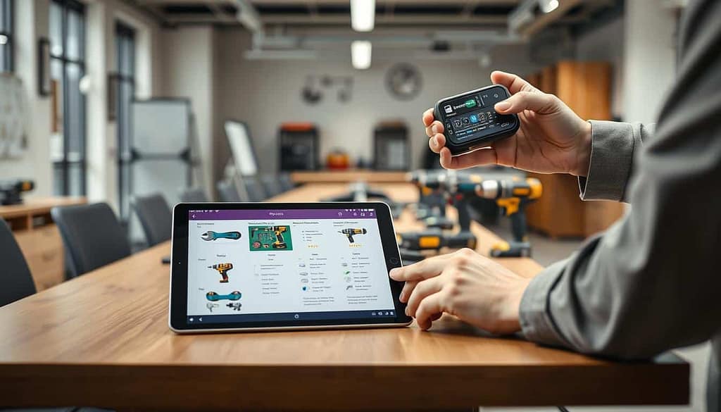 A well-organized workspace showcasing a Bluetooth tools buying guide. In the foreground, a sleek, modern tablet displays a side-by-side comparison of smart tools with vibrant visuals and specifications. Nearby, a pair of professional hands, clad in modest casual attire, hold a Bluetooth-enabled device, demonstrating its features. In the middle, a stylish workbench lined with the latest tools like smart wrenches and connected drills, neatly arranged with attention to detail. The background features a softly lit office with modern design elements, emphasizing innovation and technology. The atmosphere conveys a sense of professionalism and excitement, suggesting the impending adoption of smart tools. Use natural lighting to enhance textures and create depth, with a slight focus blur on the background to draw attention to the foreground elements.