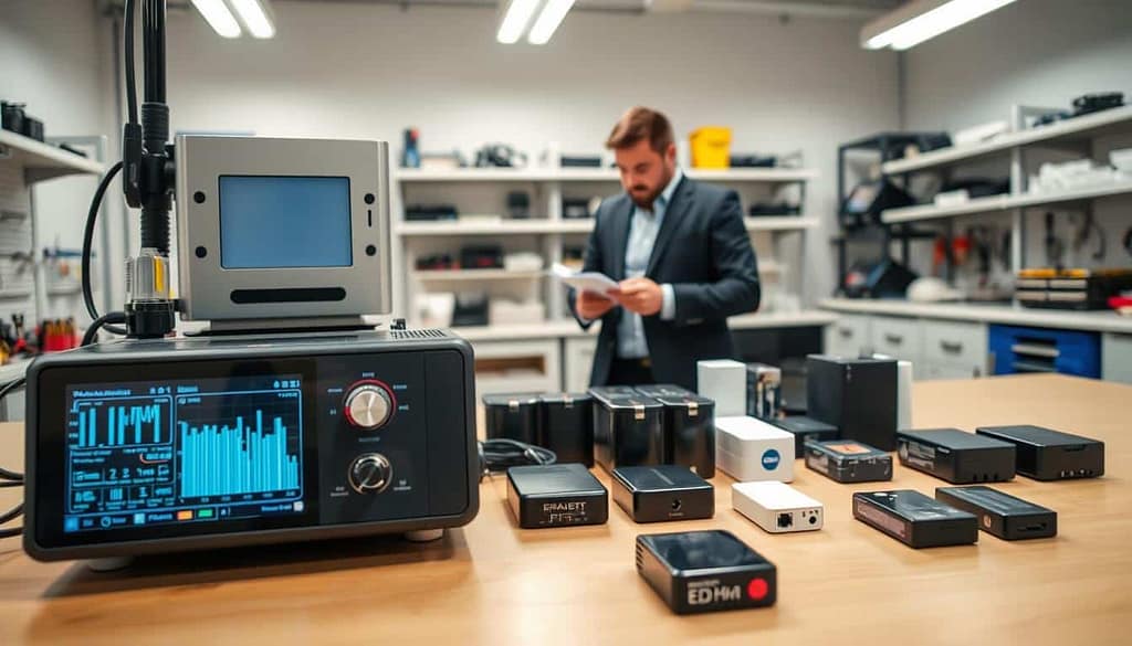 A modern laboratory setting focused on battery telemetry performance testing. In the foreground, a high-tech battery testing device displays real-time data metrics on a digital screen. Technicians in professional business attire are intently analyzing the data, one adjusting settings on the device while another takes notes. In the middle ground, various smart batteries and chargers are organized neatly, showcasing their design and specifications. The background features shelves lined with tools and technical equipment, illuminated by bright, even lighting, creating a clean and professional atmosphere. A slight depth of field emphasizes the testing device, drawing attention to its intricate details, while the overall mood conveys precision and innovation in technology testing.