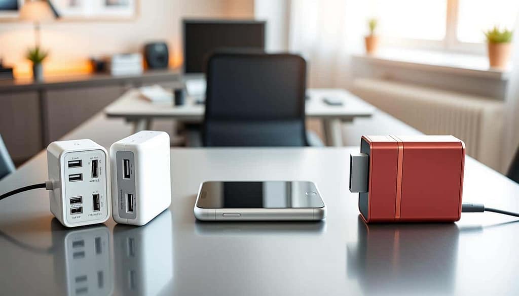 A visually engaging comparison of smart chargers displayed on a sleek, modern table. In the foreground, showcase three distinct smart chargers, each with unique designs and colors, side by side, emphasizing their features such as USB ports, LED indicators, and wireless charging capabilities. In the middle, a stylish smartphone and a tablet sit on the table, highlighting the devices these chargers support. In the background, a softly blurred tech-themed workspace with ambient lighting creates a sophisticated atmosphere, suggesting innovation and modernity. Use natural sunlight filtering through a window to cast gentle shadows, enhancing depth and texture. Aim for a clean, professional composition that captures the essence of smart technology and value comparison.