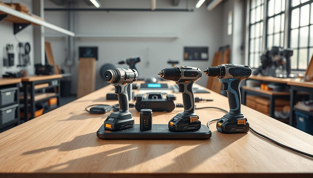 A sleek, modern workshop setting showcasing a wireless charging ecosystem for smart tools. In the foreground, a variety of innovative power tools such as a cordless drill and a smart screwdriver, all designed with elegant curves and illuminated LED indicators, sit on a stylish charging pad that seamlessly blends into the workbench. The middle-ground features a subtle digital interface displaying battery levels, and an organized array of accessories that connect to these tools. The background illustrates a bright, airy environment filled with natural light filtering through large windows, accentuating the high-tech feel. Soft shadows enhance the contours of the tools, creating an inviting yet productivity-focused atmosphere, encouraging creativity and innovation in craftsmanship.