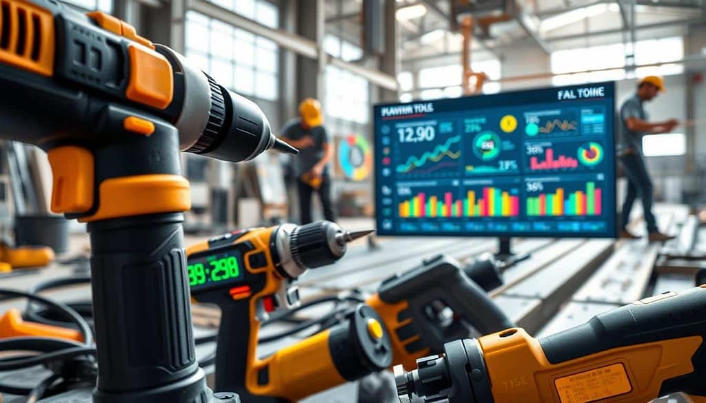A close-up view of advanced smart power tools equipped with IoT sensors, displaying vibrant performance metrics on a digital screen. In the foreground, focus on tools like drills and saws with sleek, modern designs, their sensors glowing with activity. The middle ground features a high-tech dashboard showcasing analytics such as downtime reduction percentages and maintenance cost savings, illustrated through colorful graphs and data points. The background portrays a bright, busy job site with professionals in modest casual attire working efficiently. The setting is illuminated with natural light reflecting off metallic surfaces, creating a dynamic and engaging atmosphere of innovation and productivity, emphasizing the transformative impact of AI-powered diagnostics on job site efficiency.