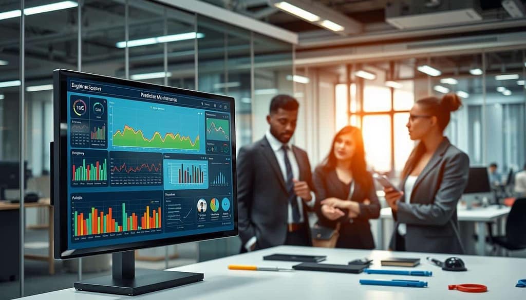 A high-tech IoT sensors predictive maintenance data dashboard displayed prominently in a modern office environment. In the foreground, a sleek touchscreen interface showcases colorful graphs and real-time analytics, illustrating equipment performance and predictive maintenance alerts. In the middle ground, a group of three diverse professionals in smart business attire closely examine the dashboard, engaged in a discussion about the data. The background reveals a contemporary workspace with clear glass walls, soft ambient lighting, and high-tech tools neatly arranged on desks. The overall atmosphere is one of innovation and collaboration, underscoring the role of AI in enhancing job site efficiency. The lighting should be bright, emphasizing the advanced technology, with a focus on clarity and professionalism.