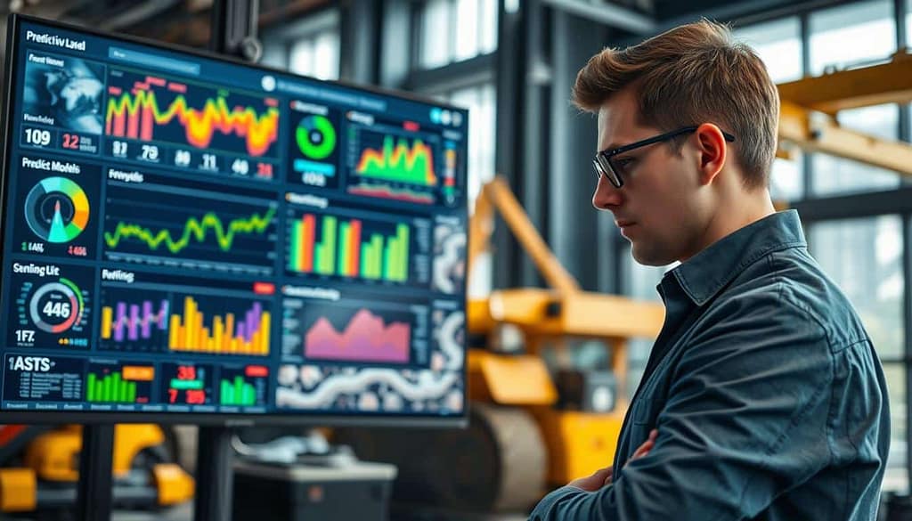 A high-tech office environment focusing on predictive maintenance data analysis. In the foreground, a professional engineer wearing a smart casual outfit examines a detailed digital dashboard displaying vibrant graphs, charts, and analytics. The middle layer features a large screen showcasing predictive models and real-time data, with colorful indicators highlighting machine performance metrics. In the background, subtle images of various construction tools and heavy machinery are blurred to emphasize the focus on data analysis. Bright, natural lighting filters through large windows, creating an energetic and innovative atmosphere. The overall composition conveys a sense of precision, technological advancement, and efficient field testing in action.