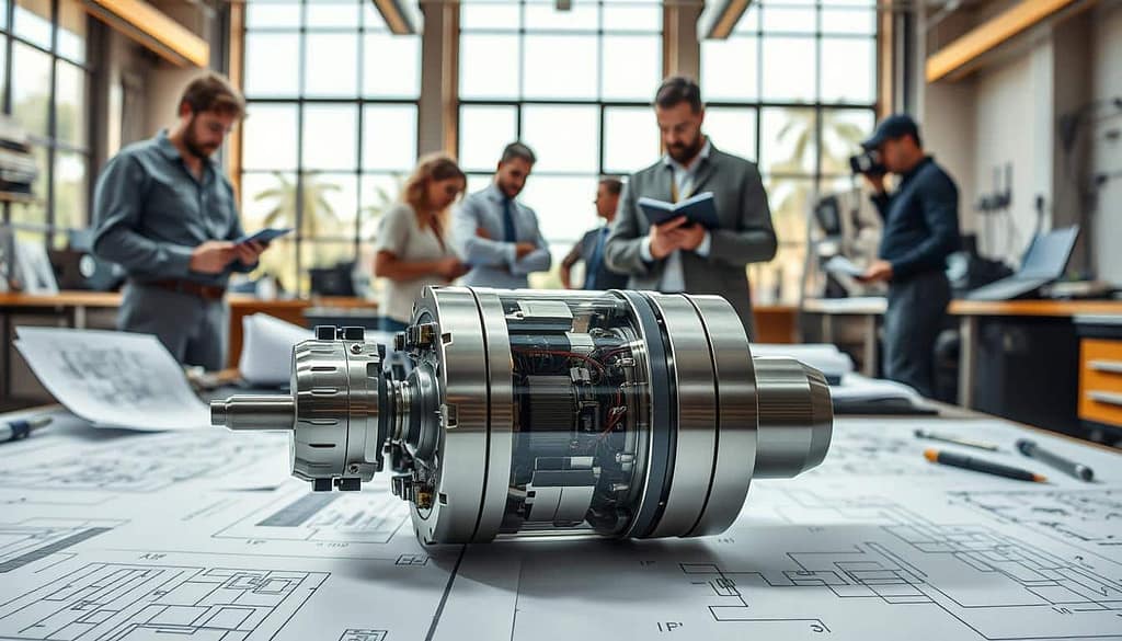 A dynamic engineering workspace showcasing the innovative design of next-generation brushless motors. In the foreground, a sleek and futuristic brushless motor prototype, featuring intricate internal components and advanced cooling systems, is surrounded by technical sketches and blueprints. The middle layer presents a modern workshop setting with engineers in professional attire, examining motor parts and discussing ideas, with tools and electronic devices in use. In the background, large windows reveal a bright, sunny day outside, casting natural light that highlights the intricate details of the motor. The atmosphere is focused and collaborative, reflecting the cutting-edge advancements in motor engineering with a sense of urgency and excitement. Employ a wide-angle lens for depth and clarity, enhancing the focus on the motor’s design intricacies.