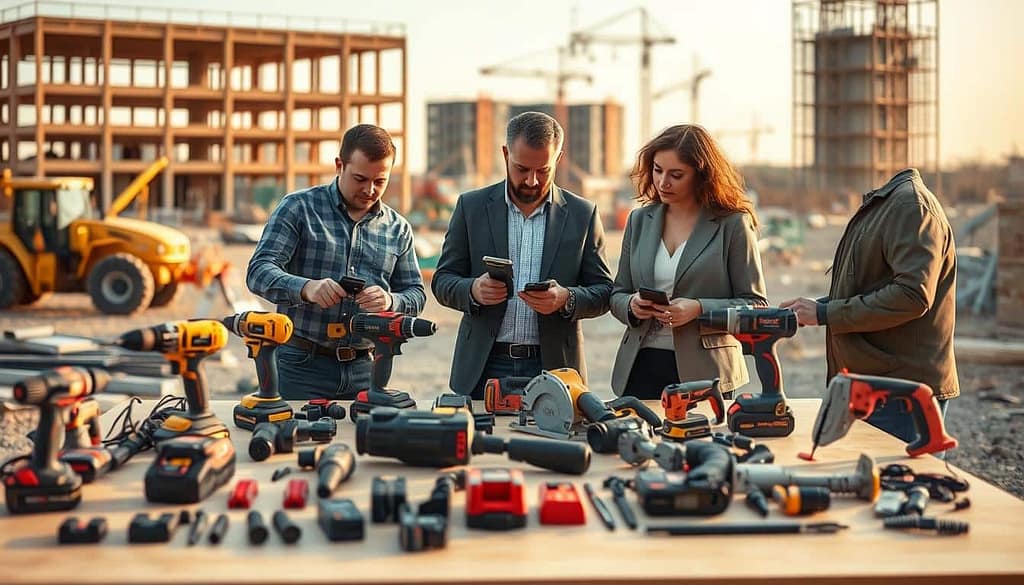 A dynamic scene of a modular power tool ecosystem during field testing in an outdoor setting. In the foreground, a diverse group of three professionals in smart casual attire examine a range of power tools, including cordless drills and saws, with focus on their modular features. The middle ground showcases a variety of tools arranged on a work table, surrounded by parts and accessories highlighting their compatibility. In the background, an expansive construction site features equipment and partially completed structures, bathed in soft, natural lighting during golden hour to create an inviting atmosphere. The perspective is slightly elevated, providing a clear view of the professionals interacting with the tools, capturing the essence of innovation and teamwork in a realistic context.