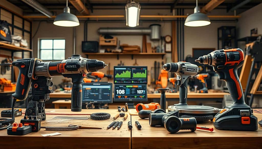 A dynamic workspace scene depicting a performance comparison between modular power tools and traditional tool setups. In the foreground, showcase a modular tool system with interchangeable parts, highlighting its versatile attachments in action, such as drilling and sawing. In contrast, feature a set of traditional tools like a fixed drill and saw on the opposite side, emphasizing their limited but reliable functionality. The middle ground reveals a well-organized workbench with various tools displayed neatly, a digital screen showing performance metrics beside them. The background contains an industrial-style workshop with pendant lighting casting warm, focused light on the tools, creating an engaging and professional atmosphere. The overall mood conveys innovation and effectiveness, appealing to skilled professionals.