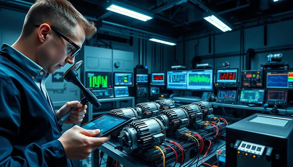 A high-tech performance optimization lab for testing next-generation brushless motors. In the foreground, a technician in professional attire meticulously observes a motor under a magnifying glass, with data displayed on a digital tablet nearby. In the middle, several brushless motors are mounted on a testing rig, connected with various sensors measuring performance metrics. The background features an array of advanced testing equipment, including oscilloscopes and simulation screens, all illuminated by bright, focused LED lighting to enhance the high-tech atmosphere. The use of a wide-angle lens captures the depth of the lab, while a cool color palette conveys a sense of professionalism and precision, emphasizing the controlled environment conducive to rigorous testing.