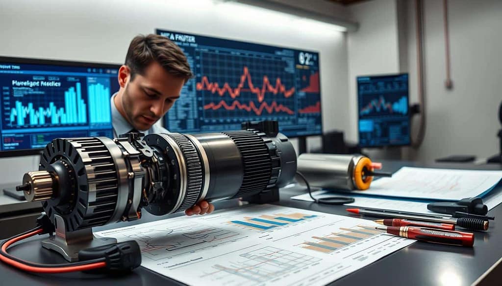 A meticulously detailed technical analysis of high-efficiency brushless motors displayed on a sleek, modern workbench. In the foreground, a professional engineer in smart business attire, closely examining a high-efficiency motor with tools and digital devices, showcasing intricate gears and circuits. The middle section features an array of technical schematics and analysis graphs highlighting performance metrics, elegantly laid out on the workbench. A high-tech monitor in the background displays real-time data feeds related to motor efficiency and testing results. Soft, directional lighting illuminates the workspace, creating a focused atmosphere of innovation and expertise. The overall mood is one of precision and professionalism, embodying cutting-edge technology in a sophisticated engineering environment.