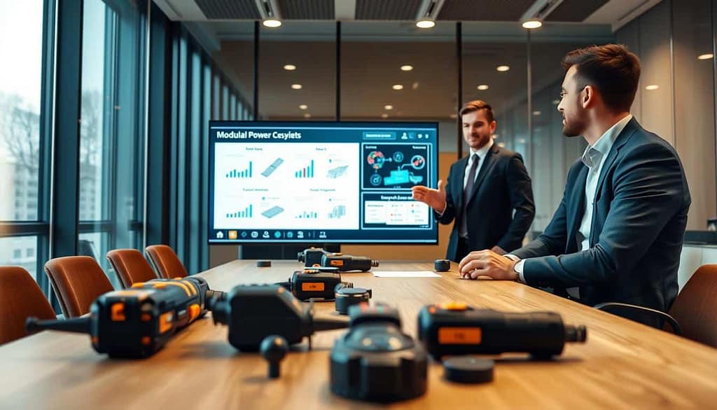 A modern conference room setting, featuring two product managers in professional attire engaged in a discussion about modular power tool ecosystems. In the foreground, a wooden table with various modular power tools and components neatly arranged. The middle ground showcases the managers, one gesturing towards a digital presentation on a sleek screen, highlighting graphs and diagrams of interconnected systems. The background displays large windows with natural light flooding the room, casting subtle reflections on the glass. The atmosphere is collaborative and focused, with a soft bokeh effect blurring the edges to emphasize the speakers. Use a warm, inviting color palette to enhance the professional mood. The shot is framed at eye level, capturing facial expressions and engagement.