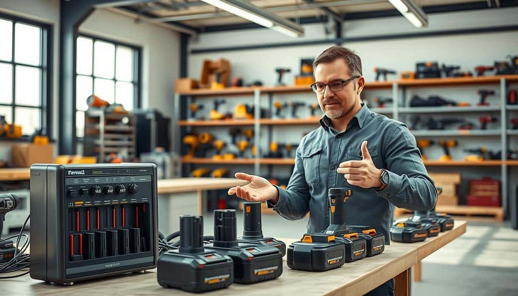 A professional contractor in a bright, modern workshop examines a variety of modular power tools and their interchangeable batteries. In the foreground, the contractor, dressed in a smart casual attire, gestures towards a sleek battery charging station with various batteries displayed, showcasing compatibility features. In the middle ground, well-organized shelves filled with an array of power tools highlight the versatility of the modular ecosystem. The background shows a well-lit workspace with large windows allowing natural light to flood in, casting soft shadows. The atmosphere is focused and professional, emphasizing innovation and efficiency in the construction industry. The image is captured with a 50mm lens, maintaining a shallow depth of field to draw attention to the contractor and the tools in a slightly blurred workspace.