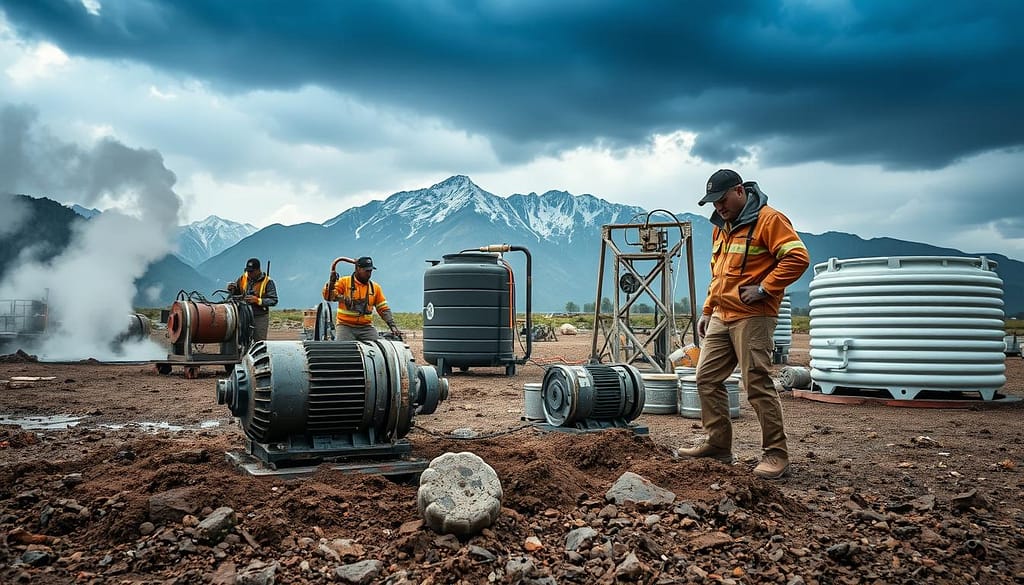 A rugged outdoor testing environment featuring advanced brushless motors under extreme conditions. In the foreground, a technician in professional attire is examining a brushless motor mounted on a trial rig, surrounded by mud, rocks, and debris. In the middle ground, various testing apparatus and equipment display wear from harsh weather, with steam rising from a nearby water tank. The background is set against a dramatic mountain range, with dark clouds signaling an imminent storm, emphasizing the unforgiving nature of extreme testing. The scene is illuminated by diffused natural light, creating a moody atmosphere that highlights the resilience of technology in harsh conditions. Using a wide-angle lens to capture depth and detail, the image reflects the intensity and professionalism required for real-world evaluations.