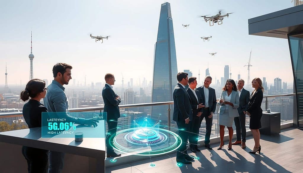 A futuristic cityscape illustrating the advantages of 5G latency, bandwidth, and reliability. In the foreground, a group of diverse professionals in business attire discusses advanced digital tools on a sleek urban terrace, with holographic displays demonstrating low latency and high bandwidth metrics. In the middle ground, a high-tech network node pulsates with vibrant blue and green lights, symbolizing connectivity. The background showcases a skyline dotted with 5G towers and drones in flight, under a bright, clear blue sky. Soft rays of sunlight illuminate the scene, creating a positive and dynamic atmosphere. Use a wide-angle lens to capture the depth of the scene while maintaining focus on the professionals and the technology around them.