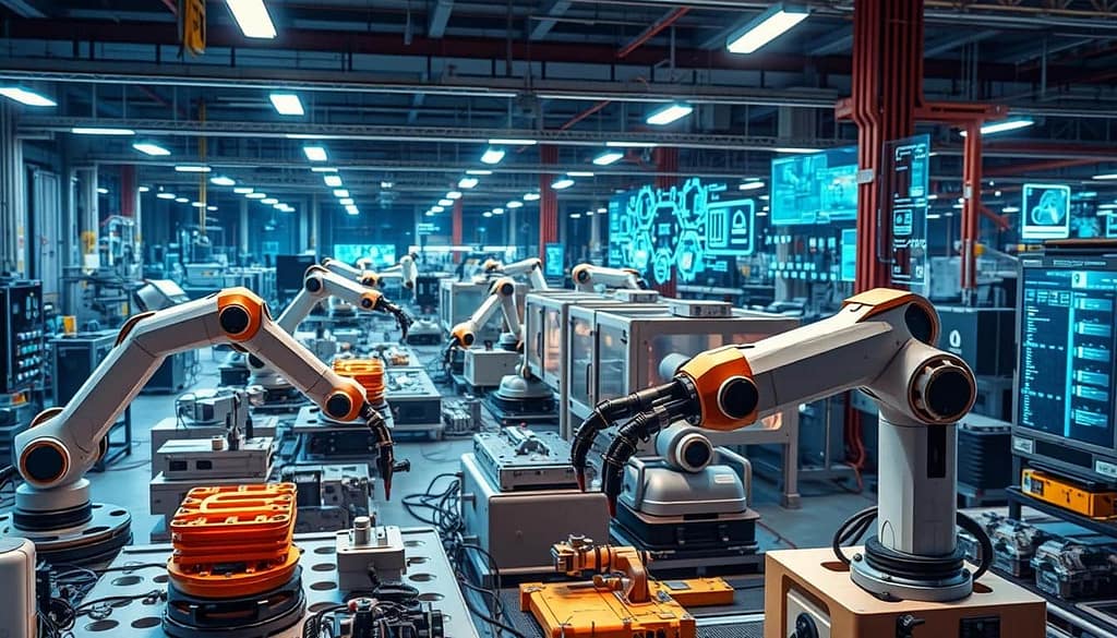 A bustling factory of the future, where advanced AI-powered tools reshape the landscape of industry. In the foreground, robotic arms precisely assemble high-tech components, their movements choreographed by intelligent algorithms. In the middle ground, 3D printers churn out intricate, custom-designed parts, their layers coalescing with mechanical precision. The background is a dazzling display of holographic interfaces, where engineers monitor and control the entire operation from a centralized command center, their decisions guided by predictive analytics and machine learning. The lighting is a mix of cool, efficient LED illumination and the warm glow of holographic displays, creating an atmosphere of technological innovation and seamless automation. The overall scene conveys a sense of disruptive change, where the power of AI has transformed the very nature of industrial production.