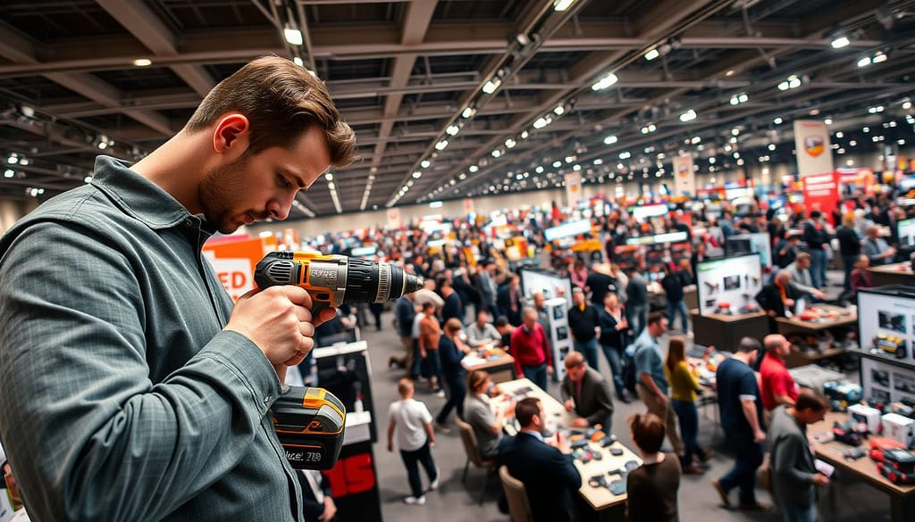 A bustling trade show floor, illuminated by the warm glow of spotlights and the energy of live demonstrations. In the foreground, a skilled technician showcases the intricate workings of a powerful cordless drill, its sleek design and vibrant color capturing the attention of a captivated audience. Behind them, a diverse array of power tools line the exhibition booths, each one a testament to the industry's latest innovations. The middle ground is a hive of activity, with attendees clustering around the display tables, eager to experience the tools firsthand and learn about their cutting-edge features. In the background, a panoramic view of the trade show venue, its high ceilings and expansive layout setting the stage for a dynamic and engaging event. A bustling trade show floor, illuminated by the warm glow of spotlights and the energy of live demonstrations. In the foreground, a skilled technician showcases the intricate workings of a powerful cordless drill, its sleek design and vibrant color capturing the attention of a captivated audience. Behind them, a diverse array of power tools line the exhibition booths, each one a testament to the industry's latest innovations. The middle ground is a hive of activity, with attendees clustering around the display tables, eager to experience the tools firsthand and learn about their cutting-edge features. In the background, a panoramic view of the trade show venue, its high ceilings and expansive layout setting the stage for a dynamic and engaging event.