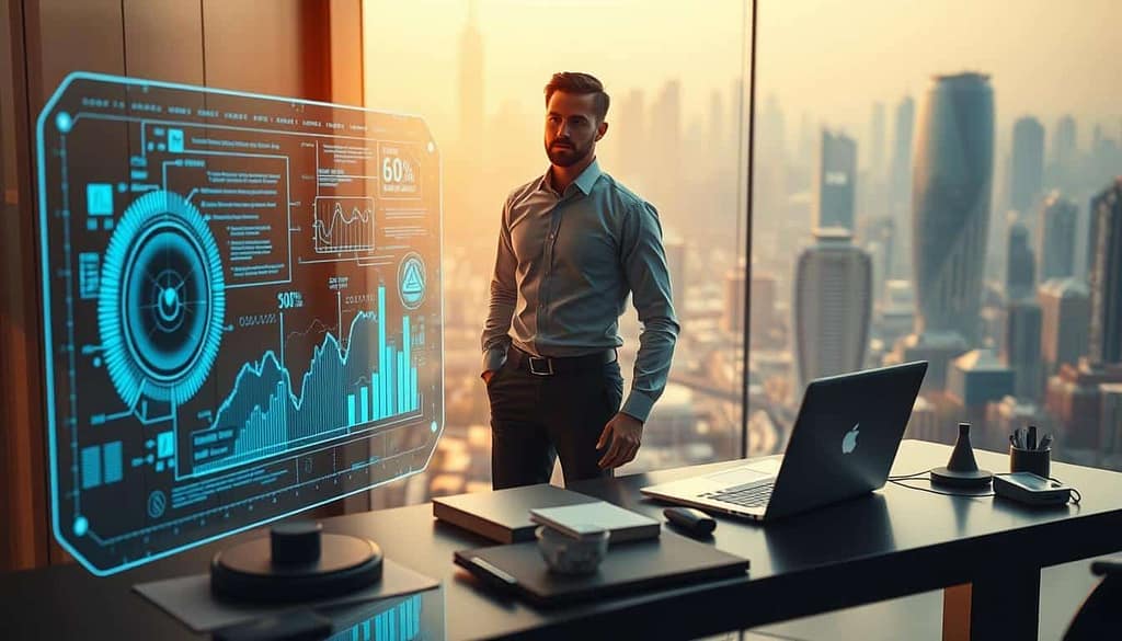 A forward-thinking AI professional stands at the center of a futuristic workspace, surrounded by cutting-edge technology. The foreground features a holographic display showcasing intricate data visualizations, while the middle ground depicts a sleek, minimalist desk with a state-of-the-art laptop and a variety of innovative tools. The background is filled with a dynamic cityscape, hinting at the rapid advancement and innovation within the AI industry. The lighting is warm and diffused, creating a sense of depth and emphasizing the innovative atmosphere. The overall composition conveys a mood of progress, efficiency, and the endless possibilities of AI-driven innovation.
