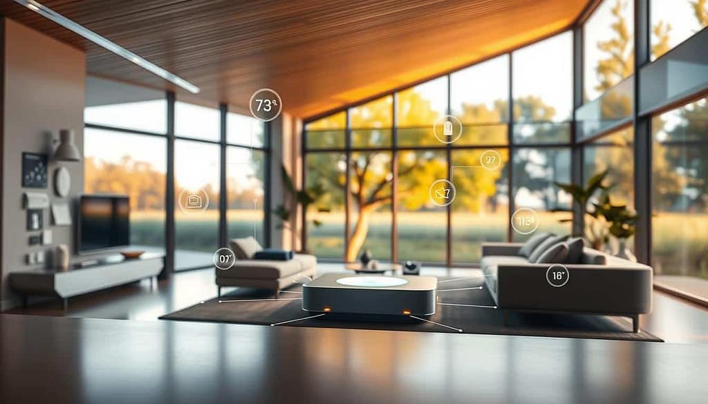 A futuristic smart home interior showcasing advanced connectivity through the Thread protocol. In the foreground, a sleek, modern living room features a central smart hub glowing softly, connecting various smart devices like thermostats, lights, and sensors, all seamlessly integrated. The middle layer consists of stylish furniture designed for comfort and tech integration, with subtle LED indicators on devices hinting at their activity. In the background, large windows reveal a lush outdoor landscape, bathed in warm, natural daylight, enhancing the feeling of a harmonious home environment. The atmosphere should feel cutting-edge yet inviting, with a focus on innovation and simplicity. Use shallow depth of field to emphasize the smart hub in sharp focus, while maintaining a soft blur on the background elements.