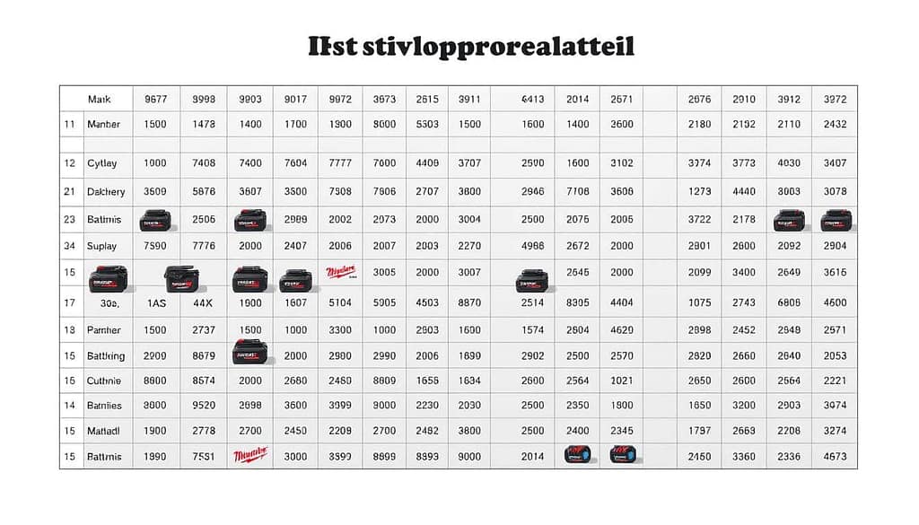 A high-resolution, detailed technical illustration of a power tool battery compatibility chart. The chart fills the entire frame, with a clean, minimalist background that allows the information to take center stage. The batteries are arranged in rows, with their respective brand logos and model numbers clearly displayed. The layout is grid-like, with precise, evenly spaced cells. The chart is rendered in a muted color palette, with a focus on legibility and functionality. Subtle shadows and highlights add depth and dimensionality, while the lighting is natural and evenly distributed, creating a professional, informative aesthetic. The overall impression is one of comprehensive, authoritative information presented in a clear and accessible way.
