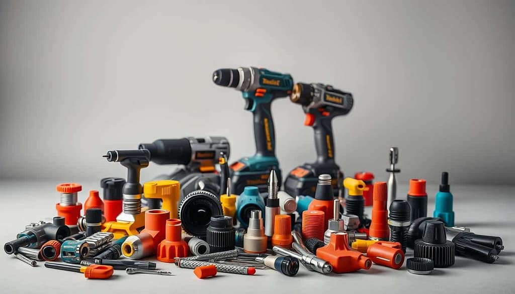 A meticulously crafted still life showcasing an array of innovative power tool accessories against a clean, minimalist backdrop. In the foreground, a diverse selection of colorful attachments, adapters, and specialized tools lay artfully arranged, highlighting their sleek, modern design. The middle ground features a selection of power tools, their polished metallic surfaces gleaming under the soft, directional lighting. The background is a simple, neutral palette, allowing the accessories to take center stage and command attention. The overall composition exudes a sense of sophistication, functionality, and the promise of enhanced productivity - a visual representation of the "Innovative Accessories Released" for the power tool enthusiast.