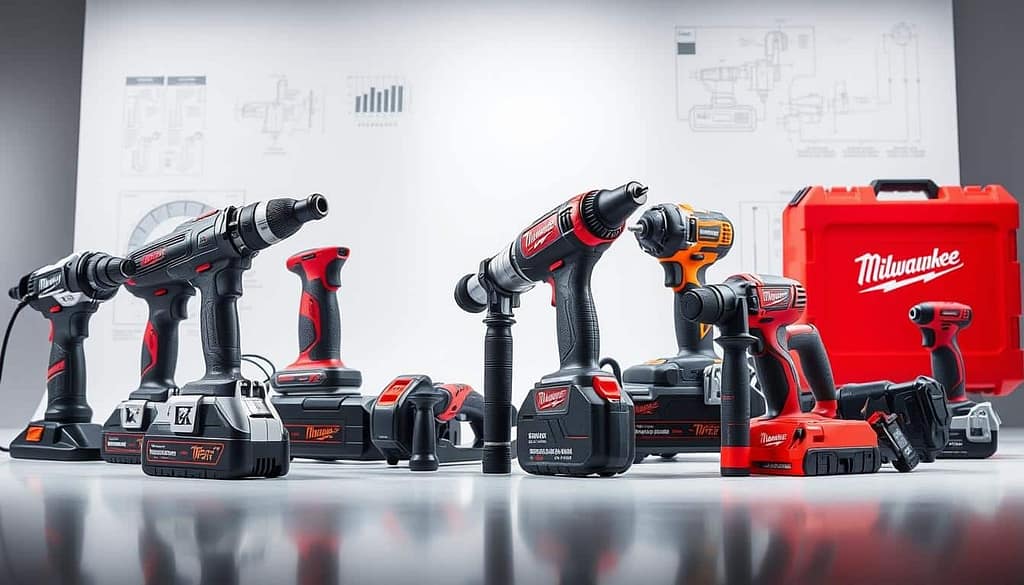 A meticulously detailed comparison of leading power tool brands, showcased in a sleek, well-lit studio setting. The foreground features an assortment of high-quality tools, their distinct designs and logos prominently displayed, allowing for a side-by-side evaluation. The middle ground presents a clean, minimalist backdrop, emphasizing the tools' features and capabilities. The background subtly incorporates relevant technical schematics and engineering diagrams, providing context and depth to the scene. The overall mood is one of professionalism, innovation, and the pursuit of power tool excellence, capturing the essence of the "Strengths & Weaknesses" section.