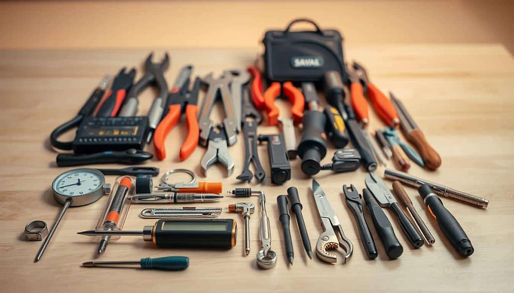 A neatly arranged collection of various hand tools and gadgets resting on a clean, well-lit wooden surface. In the foreground, a selection of specialized tools, such as a precision screwdriver set, a digital caliper, and a miniature soldering iron, are displayed in an organized manner. The middle ground features a mix of everyday tools like pliers, wrenches, and a utility knife, all in pristine condition. The background subtly fades into a soft, neutral-toned environment, creating a sense of focus on the tools themselves. Warm, directional lighting casts subtle shadows, highlighting the textures and details of the instruments. An atmosphere of professional craftsmanship and innovation permeates the scene.