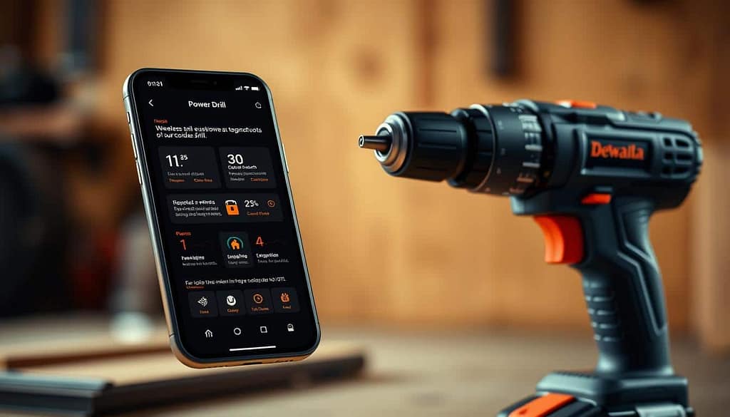 A sleek, modern power tool app displayed on a high-resolution smartphone screen, showcasing seamless integration with a cordless drill. The app's user interface features intuitive controls, live tool diagnostics, and wireless connectivity options. Vibrant, minimalist design with clean typography and subtle brand elements. The drill is captured in a well-lit, three-quarter angle, highlighting its premium construction and ergonomic handle. The background is a blurred, warm-toned workspace, suggesting a professional or home improvement setting. Crisp, high-fidelity rendering with a focus on digital product design and tangible product experience.
