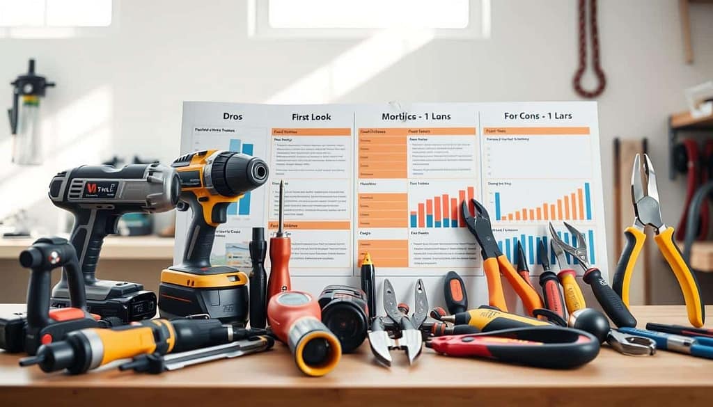 A well-lit, detailed comparison of first look tools showcasing their pros and cons. The foreground features an array of diverse tools, ranging from a cordless drill, a screwdriver, and a pair of pliers, arranged in a visually appealing composition. The middle ground presents informative charts and graphs, highlighting the key features and performance metrics of each tool. The background subtly depicts a clean, minimalist workshop environment, with natural lighting filtering in to create a professional, educational atmosphere. The overall image conveys a comprehensive, objective assessment of the tools, tailored to inform and assist the reader in their purchasing decision.