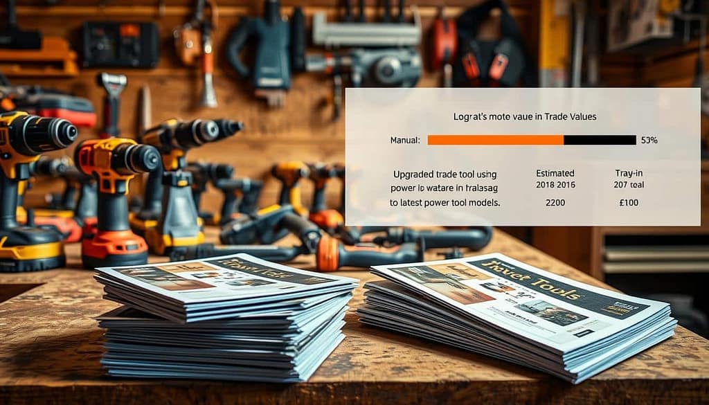 A well-lit, high-resolution image of a sturdy work table, its surface covered in an array of power tools - drills, sanders, saws, and more. In the foreground, a stack of manuals and catalogs detailing the trade-in value assessment for these tools. The middle ground showcases the tools themselves, their metal bodies gleaming under the warm, directional lighting. In the background, a sleek display panel showing a sliding scale of estimated trade-in values, inviting the viewer to ponder the decision of upgrading to the latest power tool models. The overall atmosphere exudes a sense of thoughtful consideration, guiding the viewer towards making an informed choice.