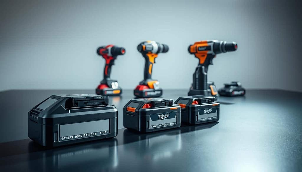 A well-lit studio setting showcasing an array of the latest power tool batteries. In the foreground, three battery packs of different sizes and capacities are displayed on a sleek, reflective surface, their metallic casings gleaming under soft, directional lighting. In the middle ground, the corresponding power tools are arranged, each with its battery inserted, demonstrating the seamless integration. The background features a minimalist backdrop, allowing the technical details of the batteries and tools to take center stage. The scene conveys a sense of innovation, highlighting the advancements in battery technology that power the newest generation of power tools.