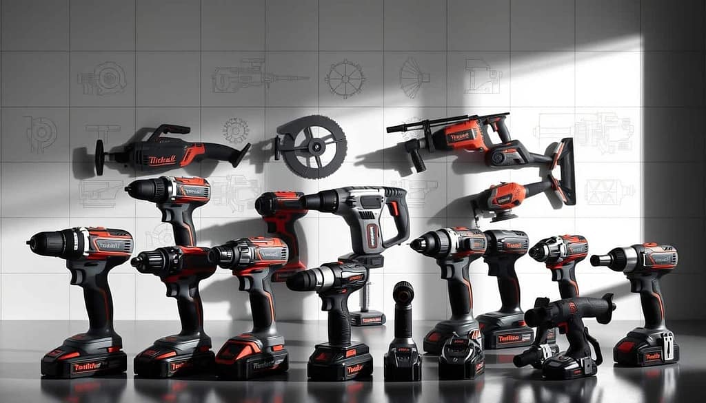 An array of power tools laid out against a clean, modern backdrop, highlighting their innovative designs and advanced features. In the foreground, sleek and ergonomic hand tools - cordless drills, impact drivers, and grinders - showcasing cutting-edge battery technology and precision engineering. In the middle ground, larger power saws and rotary hammers with bold, futuristic silhouettes, hinting at their raw power and versatility. The background features a minimalist grid of technical diagrams and product renderings, creating an atmosphere of technological prowess and industrial sophistication. Dramatic side lighting casts dynamic shadows, emphasizing the tools' sharp lines and innovative shapes. The overall mood conveys a sense of progress, efficiency, and the sheer potential of the latest power tool advancements.