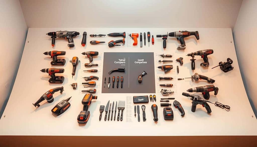 Detailed comparison chart showcasing the latest power tool innovations. Centered in the frame, a crisp, well-lit display presents an array of power tools neatly arranged in a clean, organized layout. The tools are photographed at an angle, highlighting their sleek, modern designs and advanced features. Surrounding the display, a soft, neutral background gently fades, allowing the tools to be the focal point. Warm, directional lighting casts subtle shadows, emphasizing the tools' textures and materials. The overall scene conveys a sense of professionalism, technical expertise, and the excitement of new product releases.