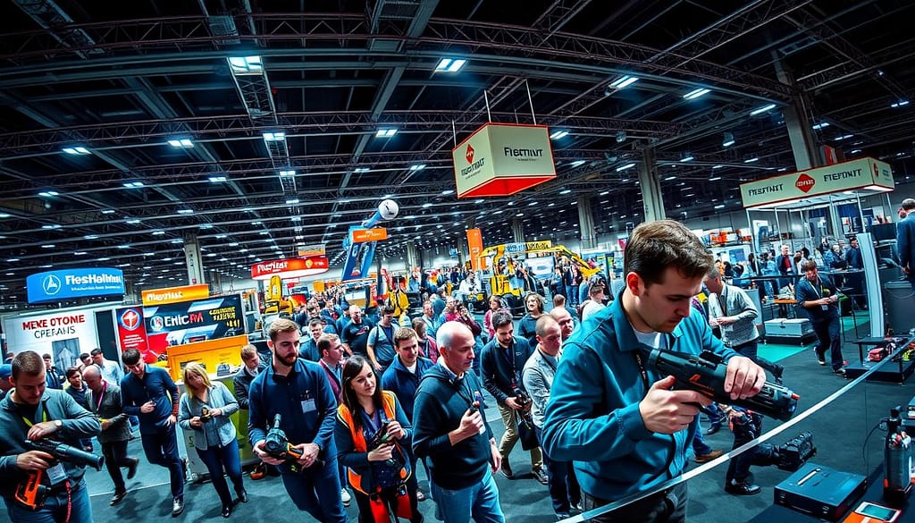 Expo Highlights Tool Demonstrations: An Immersive Experience A bustling trade show floor, illuminated by vivid spotlights, showcases a dynamic display of cutting-edge power tools. In the foreground, skilled technicians demonstrate the latest innovations, their hands masterfully guiding the tools through intricate tasks. The middle ground captures the captivated audience, their faces alight with fascination as they observe the demonstrations. In the background, a panoramic view of the expo hall reveals a kaleidoscope of colors, textures, and industrial machinery, creating a visually striking atmosphere of technological advancement. The scene is imbued with a sense of energy and excitement, capturing the spirit of innovation at the heart of the event. Expo Highlights Tool Demonstrations: An Immersive Experience A bustling trade show floor, illuminated by vivid spotlights, showcases a dynamic display of cutting-edge power tools. In the foreground, skilled technicians demonstrate the latest innovations, their hands masterfully guiding the tools through intricate tasks. The middle ground captures the captivated audience, their faces alight with fascination as they observe the demonstrations. In the background, a panoramic view of the expo hall reveals a kaleidoscope of colors, textures, and industrial machinery, creating a visually striking atmosphere of technological advancement. The scene is imbued with a sense of energy and excitement, capturing the spirit of innovation at the heart of the event.