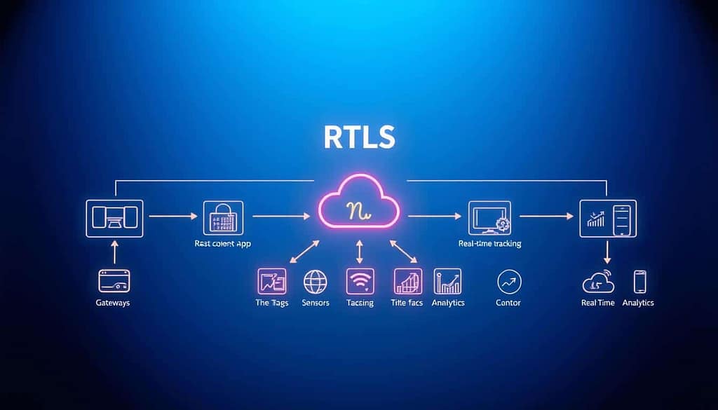 A detailed RTLS system integration API diagram, showcasing various components like gateways, tags, and mobile app interfaces, set against a clean, blue-toned background that emphasizes technology. In the foreground, an abstract representation of data flow with arrows connecting various elements, such as sensors and cloud services. The middle section features icons for real-time tracking and analytics, designed to be visually engaging yet clear. Use a high-contrast lighting effect to highlight the diagram, giving it a modern and professional look. The angle should be slightly tilted to create depth, enhancing the technical feel. The atmosphere should convey innovation and connectivity, suitable for a professional audience in a business context. No text or annotations included.