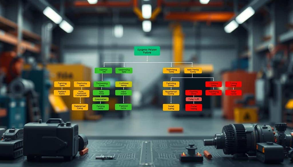 A detailed diagnostic decision tree flowchart positioned centrally, showcasing various branching paths for diagnosing equipment like saws, compressors, and lifts. The flowchart features distinct colors for each branch, using green for optimal conditions, yellow for caution, and red for issues. In the foreground, icons representing tools and equipment are neatly arranged around the flowchart, while in the middle ground, there are subtle technological elements like circuit patterns and gears, adding depth to the composition. The background features a blurred industrial setting, evoking a practical environment. Soft, diffused lighting creates a professional atmosphere, with a slight overhead angle to emphasize the flowchart. The mood is analytical and focused, perfect for conveying the essence of decision-making in real-time diagnostics. No text, watermarks, or overlays are present.