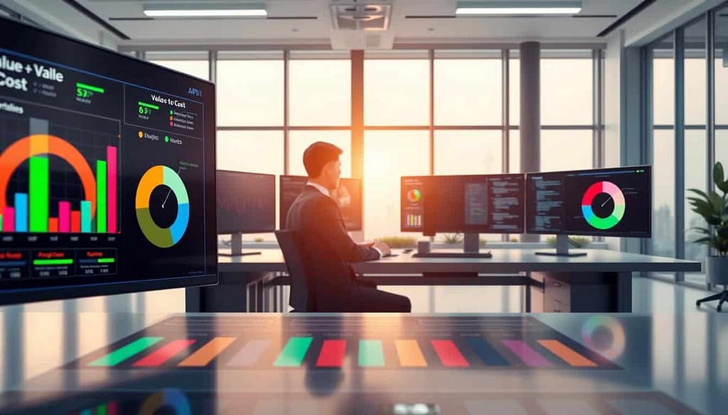 A detailed illustration of an "API value cost analysis" concept, featuring a futuristic workspace. In the foreground, a sleek digital dashboard displays colorful graphs and pie charts, indicating value-to-cost scores with vibrant red, green, and blue hues. In the middle, an analyst in professional business attire, focused and engaged, is seated at a modern desk equipped with multiple monitors, showcasing data visualizations and coding interfaces. The background consists of a high-tech office environment with large windows allowing soft, natural light to illuminate the space, creating an inviting atmosphere. The camera angle should be a slightly elevated perspective, conveying a sense of professionalism and innovation in data analysis.