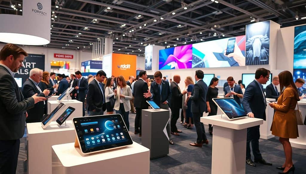 A modern image gallery showcasing innovative smart tools from a trade show, emphasizing a hands-on experience. In the foreground, several sleek, state-of-the-art gadgets are displayed on elegant pedestals, with visitors interacting and examining them closely. The middle ground features a diverse group of professionals in business attire, engaged in discussions and demonstrations, capturing the excitement of innovation. The background has soft lighting highlighting colorful banners and digital screens showcasing the latest tech advancements. Use a wide-angle lens for depth, capturing a vibrant atmosphere filled with curiosity and creativity, evoking a sense of discovery and inspiration in the air. The overall mood is energetic yet focused on innovation.