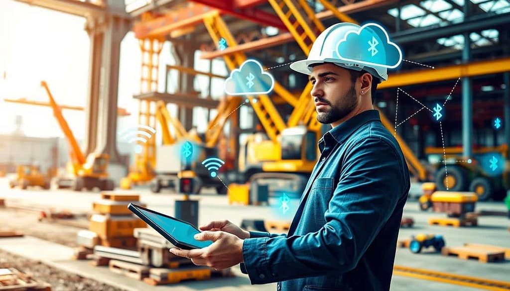 A modern industrial jobsite bustling with activity, showcasing wireless connectivity technology. In the foreground, a professional worker in business-casual attire, using a tablet to monitor jobsite data. The middle ground features various high-tech tools equipped with visible Wi-Fi and Bluetooth symbols as they seamlessly communicate with each other. Cranes and heavy machinery can be seen in the background, connecting to a cloud network illustrated with digital waves. The scene is bathed in vibrant natural light with a cool-toned color palette, evoking a sense of efficiency and innovation. The camera angle captures an expansive view, emphasizing the interconnectedness of the tools and their role in the evolving jobsite landscape, illustrating both progress and the balance of pros and cons.