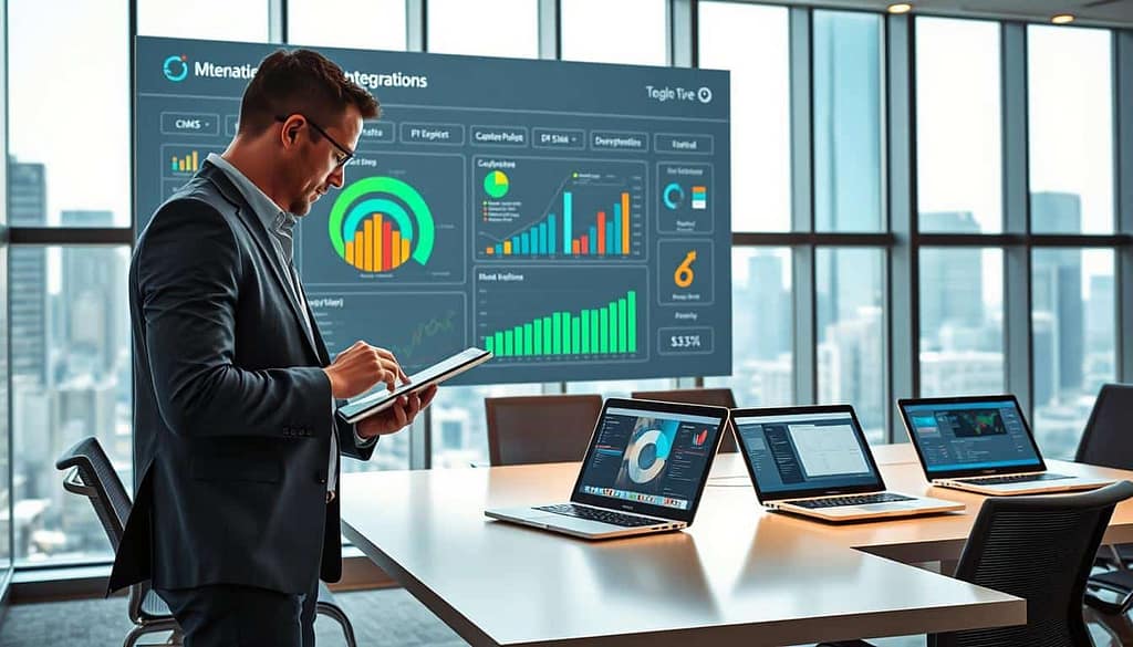 A modern office environment featuring a large digital dashboard displaying the interfaces of various tool management software integrations, including CMMS, ERP, and SSO systems. In the foreground, a professional in business attire is interacting with a tablet, showcasing analytical data exports. The middle ground includes a sleek conference table with open laptops illustrating different software screens and collaborative tools. The background features large windows with natural light pouring in, highlighting a futuristic cityscape. The atmosphere is focused and innovative, emphasizing connectivity and efficiency. The lighting is bright but soft, creating a productive yet comfortable workspace. The image uses a slightly elevated angle to capture the whole scene, encouraging an immersive experience into the world of tool management.
