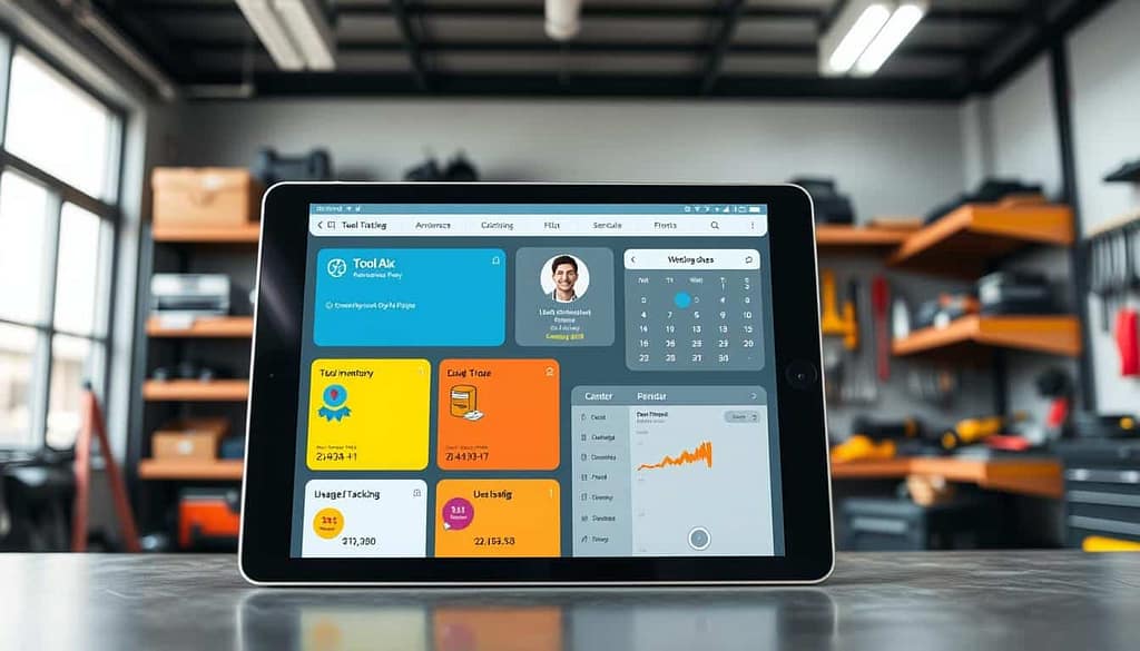 A modern tool tracking app interface displayed on a sleek tablet in a bright, professional workspace. The foreground features the app's dashboard, showcasing various icons representing tool inventories, usage statistics, and GPS tracking, all visually appealing with vibrant colors. The middle layer includes a user profile section, seamlessly integrating a calendar feature for scheduling maintenance. The background captures an organized workshop environment with tools neatly arranged on shelves, emphasizing organization and utility. Soft natural lighting floods the scene, enhancing the clean and user-friendly interface. Capture this image from a slight overhead angle to provide depth and focus on the app's functionality while maintaining a polished, professional atmosphere.