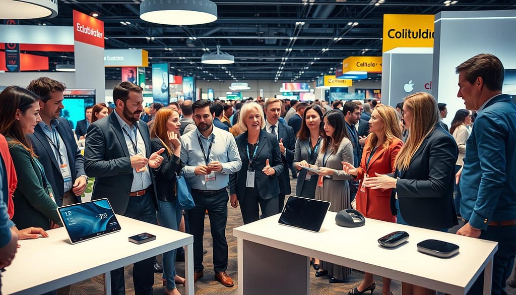A vibrant trade show scene showcasing a diverse group of professionals engaged in animated discussions and reactions. In the foreground, a small cluster of attendees in professional attire, exchanging ideas with enthusiastic expressions and gesturing towards innovative smart tools displayed on sleek tables. The middle ground features cutting-edge gadgets and devices, gleaming under soft, diffused lighting, highlighting their modern design and technological advancements. In the background, a bustling exhibition hall filled with colorful banners and crowds mingling, creating a lively atmosphere. The angle is slightly elevated, capturing the energy and excitement of the event while conveying a sense of forward-thinking innovation. The mood is dynamic and inspiring, symbolizing the buzz of industry reactions to groundbreaking smart tools.